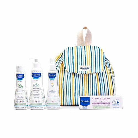 Mustela Little Moments striped backpack set with five pieces, featuring colorful patterns and durable fabric for kids.