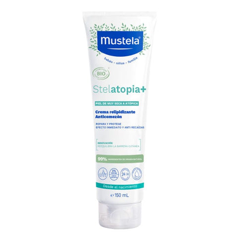 Mustela Stelatopia+ Bio 150ml in a pump bottle, designed for sensitive skin, displayed on a clean, neutral background.
