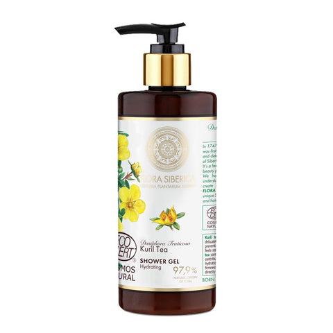 Natura Siberica Flora Siberica Kuril Tea bath gel in 300ml bottle, featuring herbal ingredients and natural botanical design.