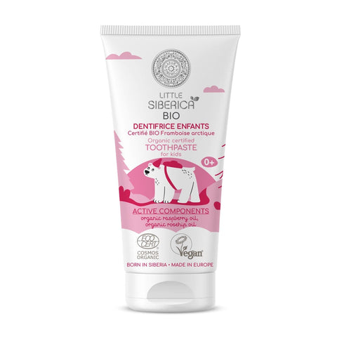 Natura Siberica Little Dentifrico Niños Frambuesa Bio toothpaste for kids, 60g, with raspberry flavor in a colorful tube.
