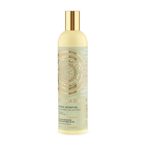 Natura Siberica Organic Honey Natural Gel de Baño in 400ml bottle, featuring honey extract and natural ingredients, for gentle cleansing.