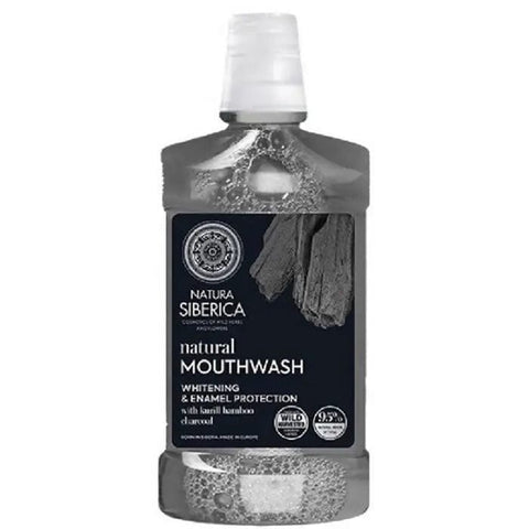 Natura Siberica natural mouthwash with bamboo charcoal in a 520ml bottle, featuring a clean, refreshing design.