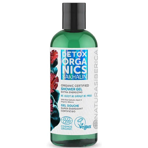 Natura Siberica Sakhalin Organic Extra Energizing Shower Gel in 260ml bottle, featured with fresh botanical ingredients.