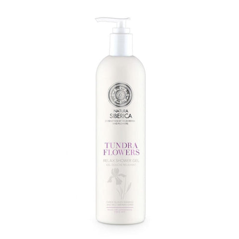 Natura Siberica Tundra Flowers Relax Gel De Baño, 400ml, with floral ingredients, in a clear bottle with a blue cap.