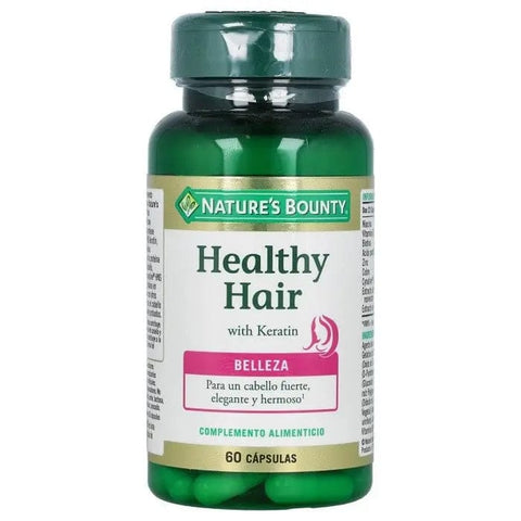 Nature's Bounty Healthy Hair Keratin capsules in a bottle, dietary supplement for hair health, branded by Jag Couture London New York