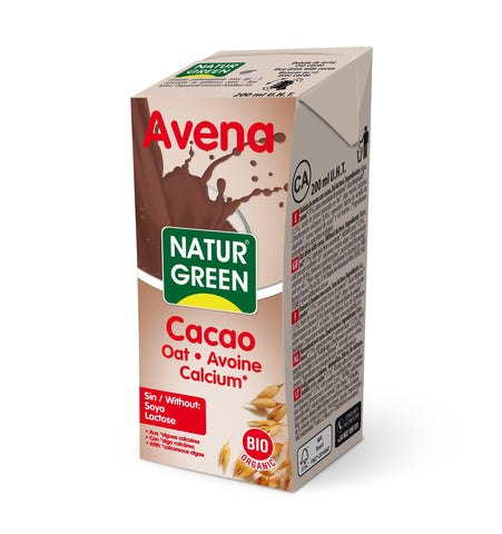 Chocolate oat drink in a 200ml carton from Naturgreen Naturgeen, featuring brand branding and packaging details.
