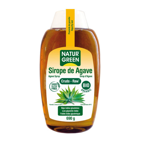 Jag Couture London Naturgreen raw agave syrup 500ml bottle showing the product label and clear glass container.