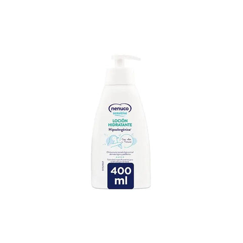 Nenuco Sensitive moisturizing lotion by Jag Couture London New York, 400ml bottle with gentle, hydrating formula for sensitive skin.