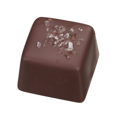 Jag Couture London Neptune caramel sea salt dark chocolate 12.5g, close-up of a chocolate piece with caramel and sea salt topping.