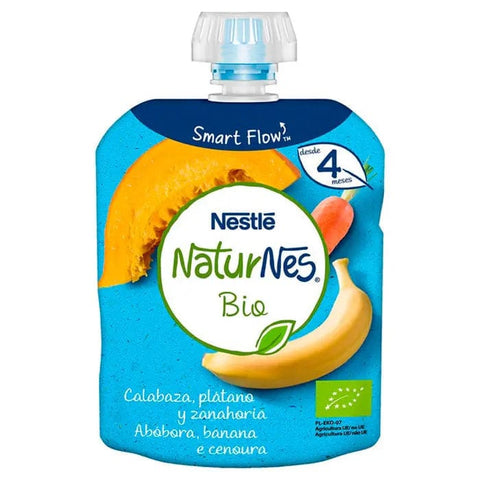 Nestlé Naturnes Bio pumpkin, banana, and carrot baby food sachets, 90g, featuring colorful fruit and vegetable illustrations.