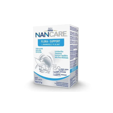 Nestlé Nancare Flora Support probiotic sachets by Jag Couture London, showing 14 individual 1.5g packets in the image.