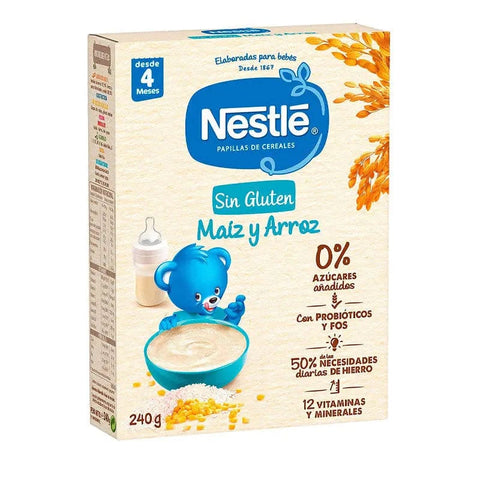 Nestle Papilla gluten-free corn and rice baby food in 240g jar, by Jag Couture London New York, showing the product packaging.