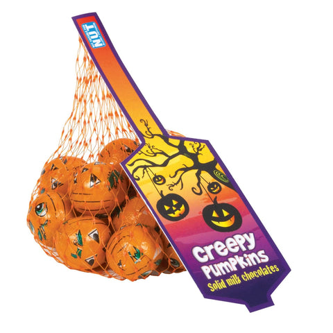 Net of solid milk chocolate balls in creepy pumpkin design foil, by Jag Couture London - New York, perfect for Halloween treats.