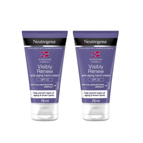 Neutrogena Anti-Aging Hand Cream with SPF 20, double pack, 75ml each, by Jag Couture London - New York, showing the cream tubes.