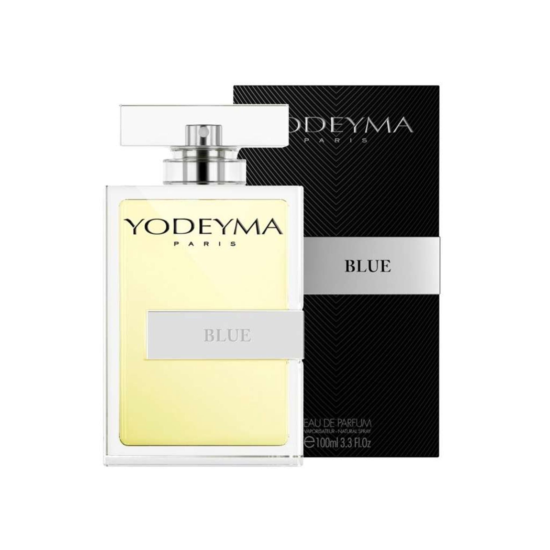 Yodeyma Blue M perfume bottle by Jag Couture London New York, 100ml, sleek blue design with elegant branding.