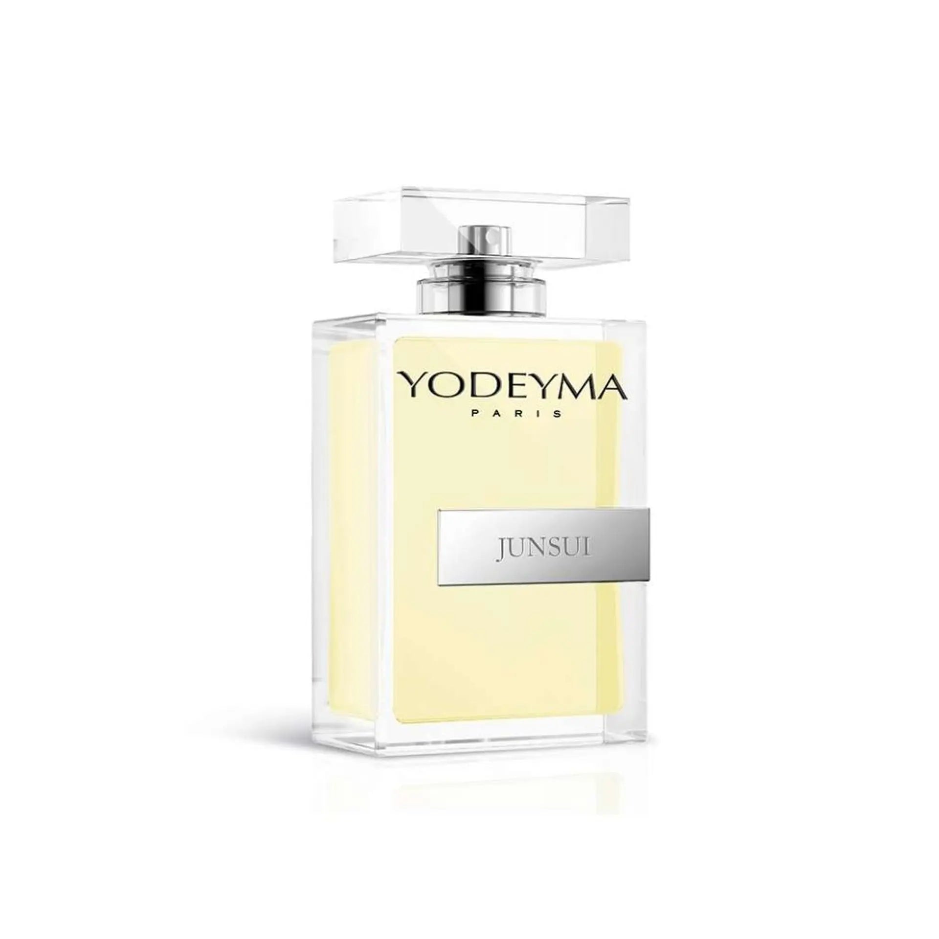 Yodeyma Junsui M 100ml perfume bottle by Jag Couture London New York, elegant glass container with floral design.