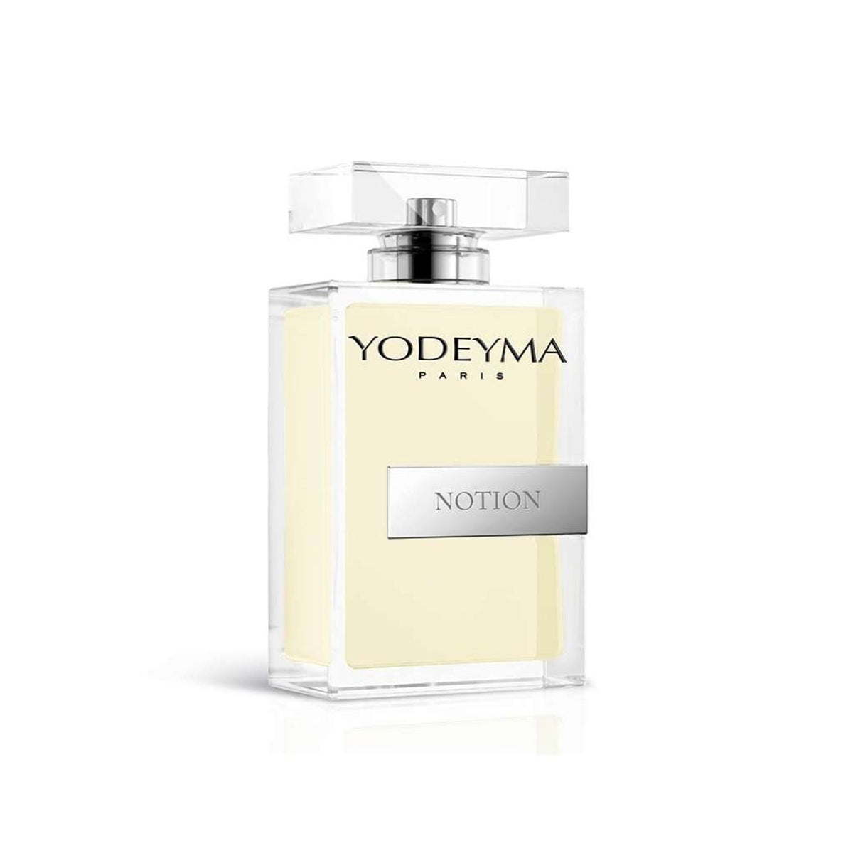 Yodeyma Notion M 100ml perfume bottle by Jag Couture London New York, sleek design with clear glass showing the fragrance liquid.
