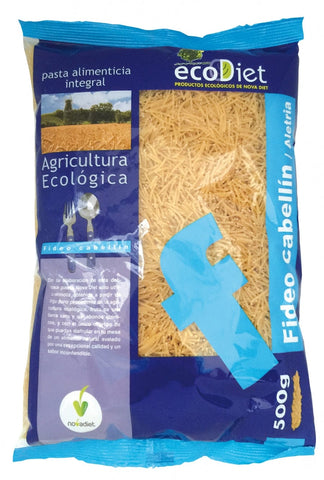Whole grain Novadiet Fideos Cabellin Integrales Ecodiet pasta in a 500g package, shown in a natural product setting.
