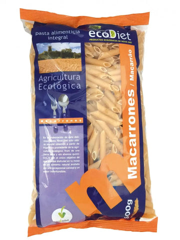 Whole grain Novadiet Macarrones Integrales Ecodiet pasta by Jag Couture London New York, 500g package on a white background.