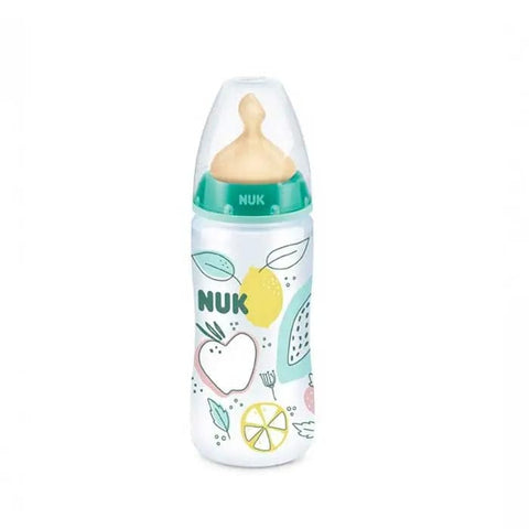 Nuk Baby Bottle FC PP 300cc for 1-month-old infants, shown with a clear plastic bottle and silicone nipple, by Jag Couture London.
