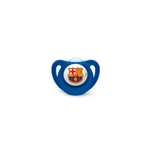 Silicone pacifier with FC Barcelona logo for 18-36 months, by Jag Couture London New York, featuring a soft silicone teat and colorful design.