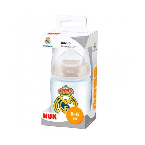 Nuk Real Madrid silicone baby bottle for 0-6 months, 150ml, featuring Real Madrid logo and soft silicone material.