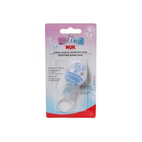 Blue Nuk soother band for babies aged 0+ months, featuring a soft strap and secure clip by Jag Couture London New York.