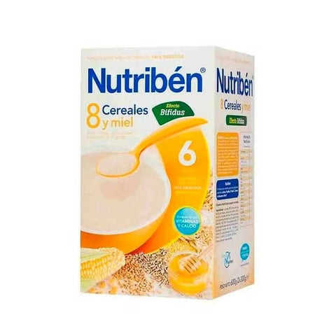 Nutribén 8 Cereals and Honey Bifidus baby cereal box by Jag Couture London New York, with illustrations of cereals and honey on packaging.