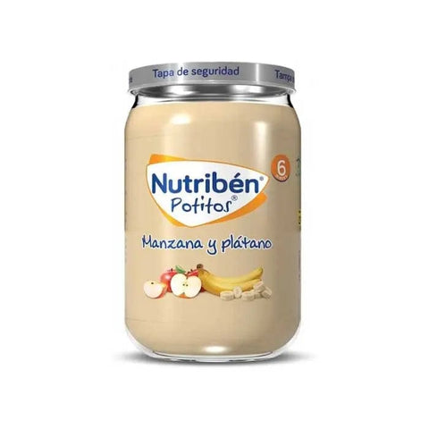 Nutribén apple and banana baby food jar by Jag Couture London New York, 235g, with fresh apple and banana slices visible.