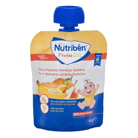 Nutribén Fruit & Go! 90g with pear, banana, orange, and biscuit snack from Jag Couture London New York, colorful fruit and biscuit pouch.