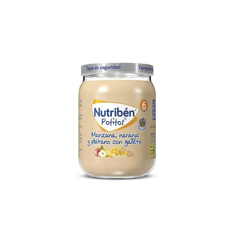 Nutriben Nutribén Potito Merienda apple, orange, banana with biscuit in 190g jar, suitable for children, by Jag Couture London New York.