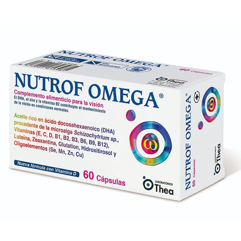 Jag Couture London New York Nutrof Omega 60 capsules supplement bottle with label showing capsules and product details.
