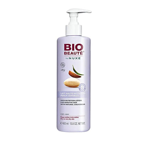 Nuxe Bio Beauté High Nutrition Lotion for sensitive skin in a 400ml bottle, designed for nourishing and soothing skin.