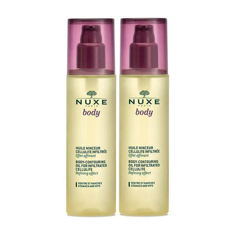 Nuxe Body Contouring Oil for infiltrated cellulite, shown in two 100ml bottles with sleek packaging by Jag Couture London - New York.