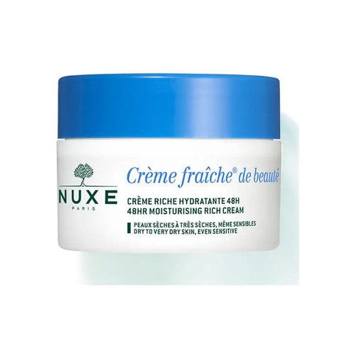 Nuxe Crème Fraîche De Beauté moisturizing cream for dry skin in 50ml jar, with soft texture and floral packaging.