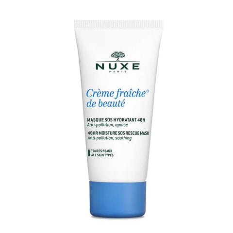 Nuxe Crème Fraîche De Beauté moisturizing mask in a 50ml jar, shown with the product label and creamy texture.