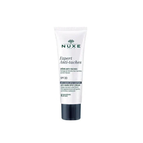 Nuxe Expert Anti Dark Spot Cream with SPF20 for dry skin, 50ml, featuring smooth cream texture in a jar.