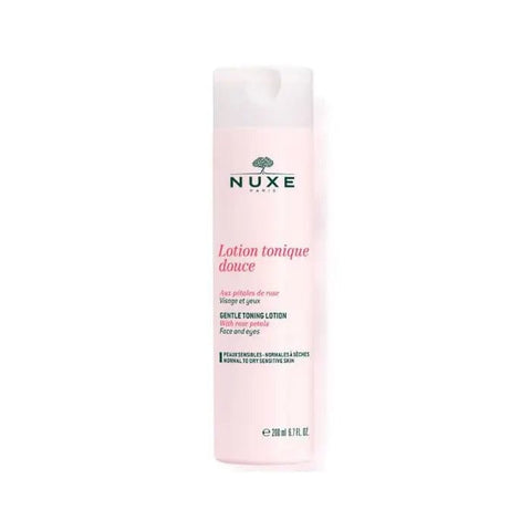 Nuxe Pétales De Rose Gentle Toning Lotion for face and eyes, 200ml, with rose extract, in a clear bottle.