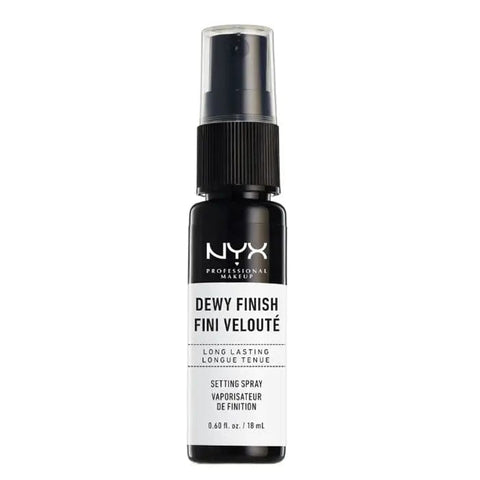 Mini NYX Dewy Finish Setting Spray by Jag Couture London, 18ml bottle with clear spray nozzle and sleek packaging.