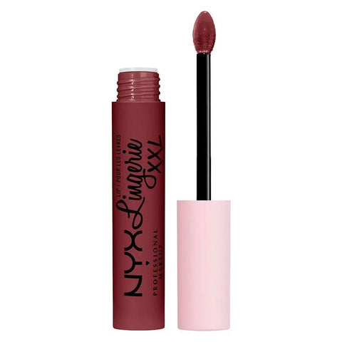 Nyx Lip Lingerie XXL matte liquid lipstick in Strip y Tease, with applicator and smooth, velvety lipstick texture.