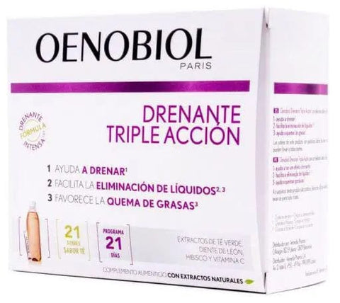 Oenobiol Triple Action Drainage supplement in 21 envelopes by Jag Couture London New York, showing the product packaging.