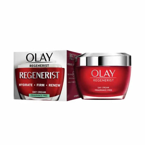 Olay Regenerist Day Cream 50ml jar with label, in a sleek container, on a neutral background.