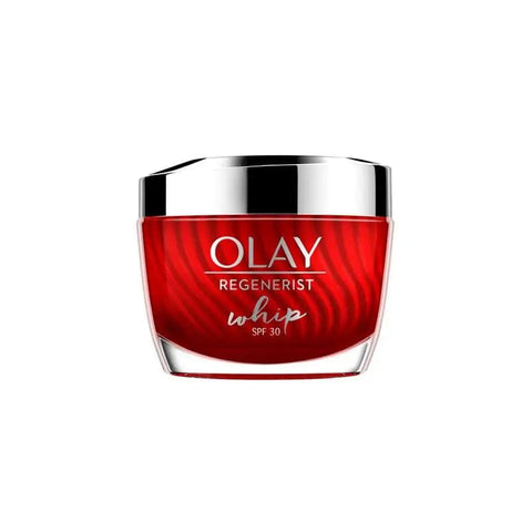 Olay Whip Regenerist hydrating moisturizer with SPF30 in a 50ml jar, shown with smooth cream texture and elegant packaging.