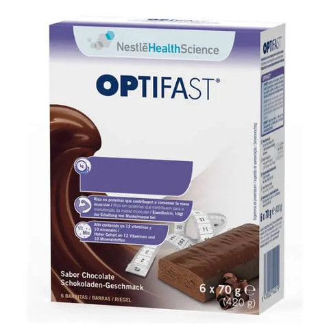 Optifast Sabor Chocolate 6 Barritas by Jag Couture London New York, showing chocolate-flavored meal replacement bars.