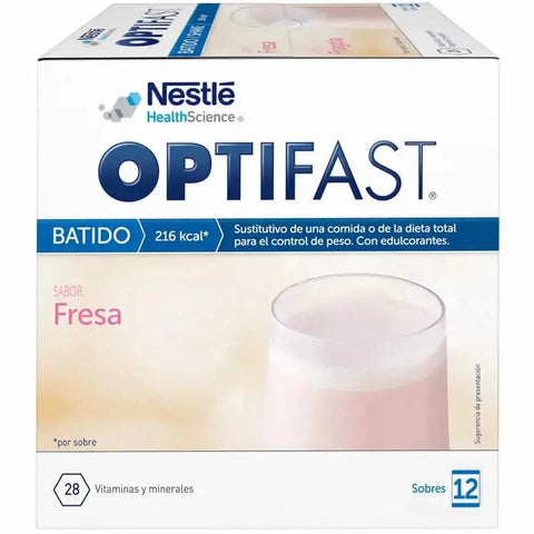 Optifast Strawberry Smoothie packets by Jag Couture London New York, 12x55g, showing vibrant strawberry-flavored powder packaging.