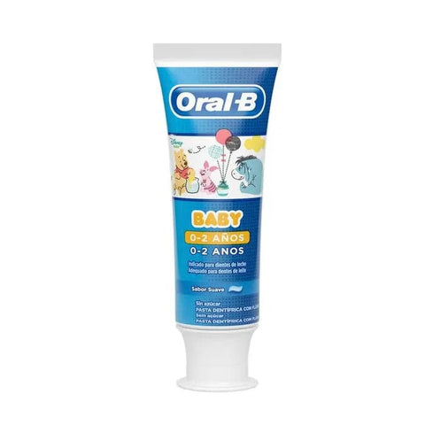 Oral-B baby toothpaste for ages 0-2 in a 75ml tube, with soft-bristle toothbrush and gentle fluoride formula.