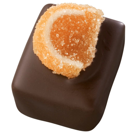 Jag Couture London Oranga dark praline with crystallized orange pieces, 19.7g, showing the rich chocolate and vibrant orange bits.