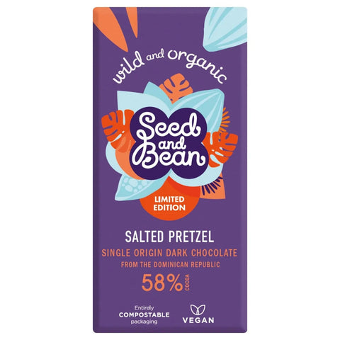 Organic 58% dark chocolate bar with salted pretzel by Jag Couture London - New York, showing chocolate pieces and salted pretzels.