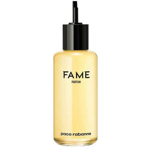 Paco Rabanne Fame Parfum Spray Recharge 200ml by Jag Couture London New York, featuring a sleek perfume bottle with gold accents.