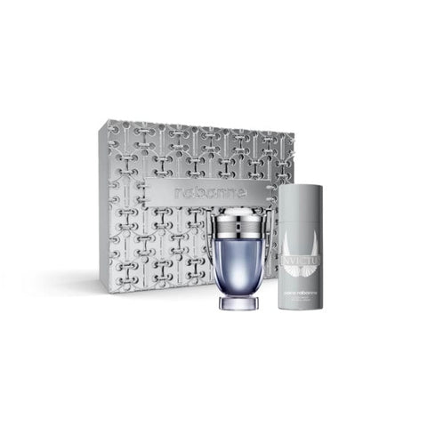 Set of two Paco Rabanne Invictus Eau De Toilette sprays in 100ml bottles, sleek design, ideal for men's fragrance.